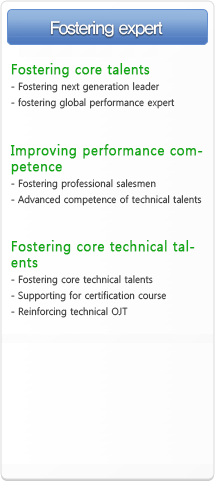 Fostering expert Fostering core talents -Fostering next generation leader - fostering global performance expert Improving performance competence Fostering professional salesmen Advanced competence of technical talents Fostering core technical talents -	Fostering core technical talents -	Supporting for certification course -	Reinforcing technical OJT 