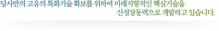 당사만의 고유의 특화기술 확보를 위하여 미래지향적인 핵심기술을 신성장동력으로 개발하고 있습니다.